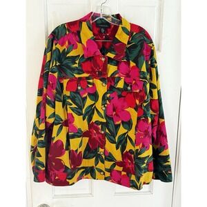 💙Tahari Womens 3X Linen Blend Jacket Floral Yellow‎ Pink Hibiscus Easter Artsy